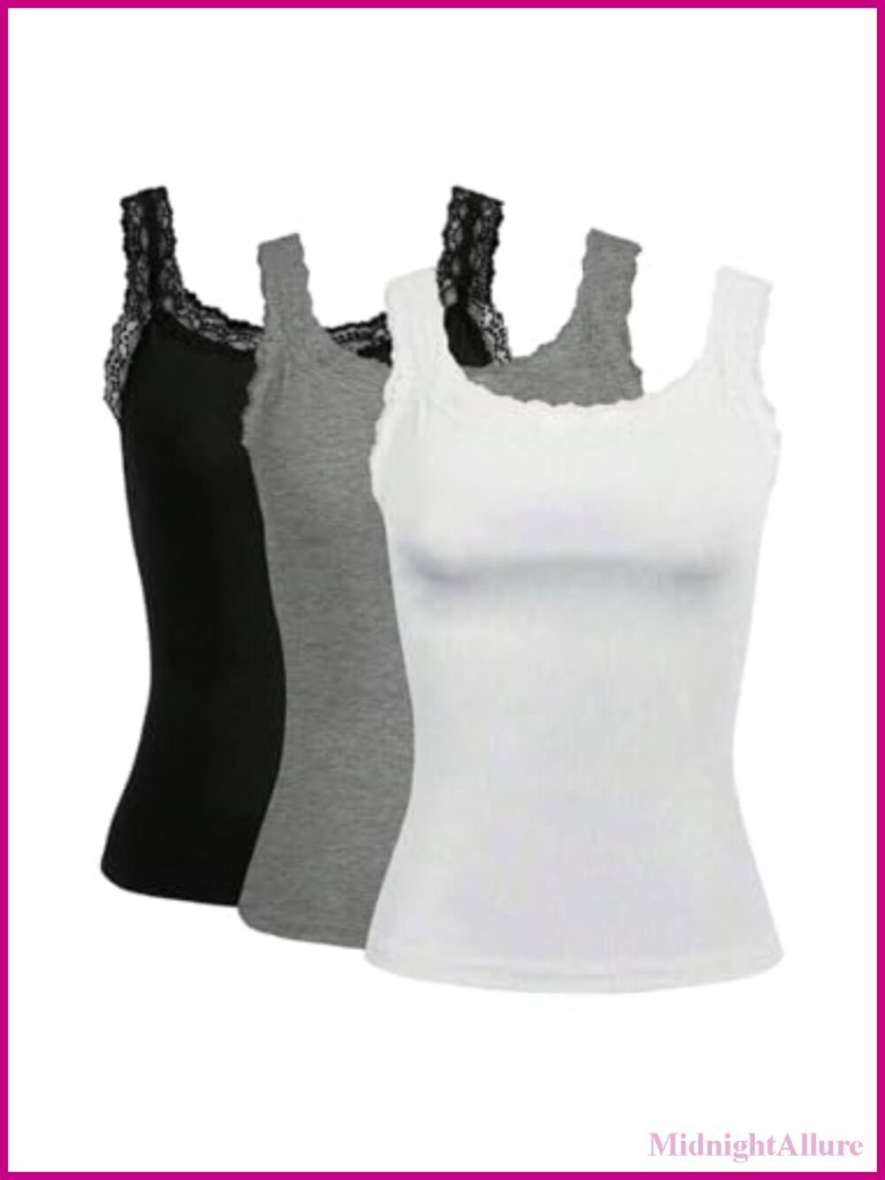 Plus Size 3 Pack Lace Trim Ribbed Tank Tops Scoop Neck Sleeveless